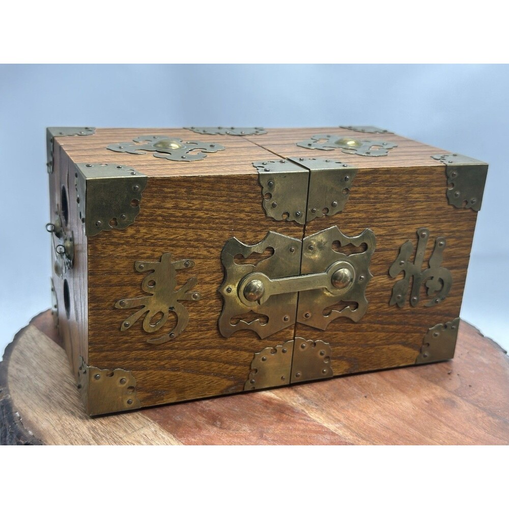 Oak W Brass Accents Jewelry Box Cabinet Hidden Drawers Velvet Lined